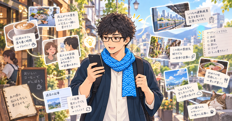 街でスマートフォンを見ながら、日常の写真や問いに囲まれるウォータン