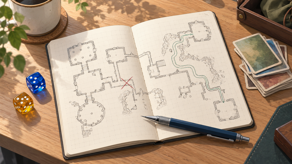 サイコロと、別の経路を描き加えたシナリオノート