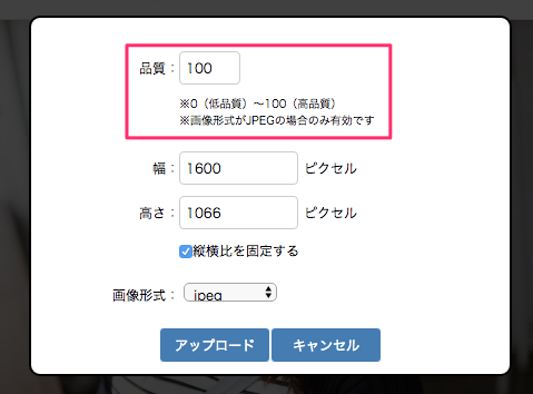 アップロード画面 品質100でアップロード