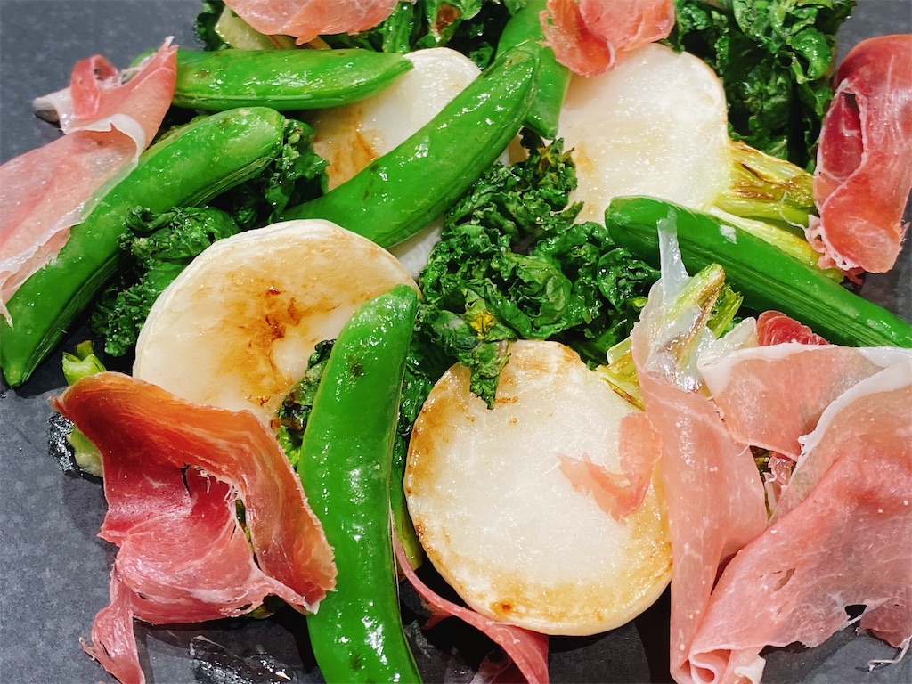 2月, 冬, サラダ, グリル野菜, 生ハム, カブ, スナップエンドウ, ケール