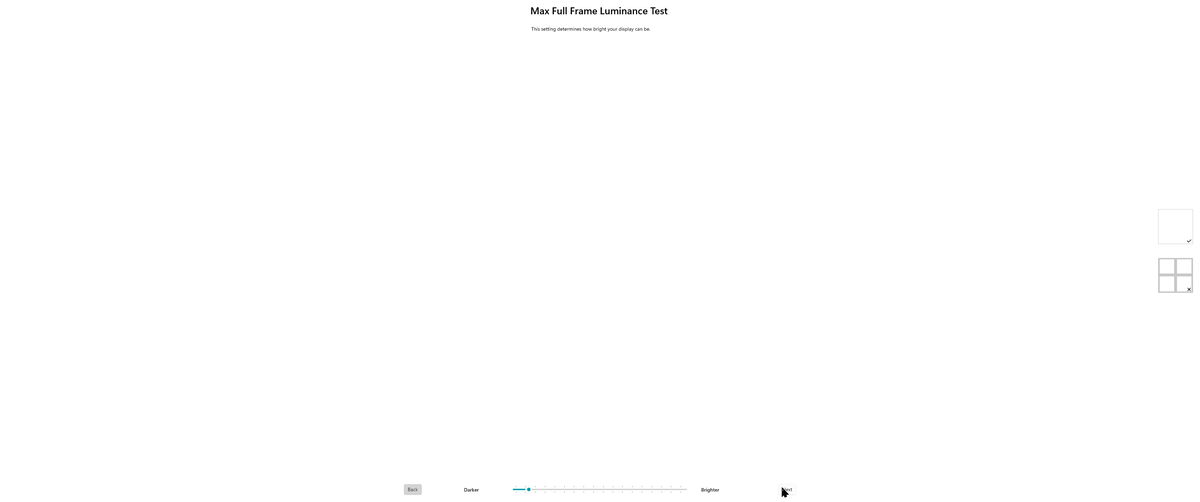 ApplicationFrameHostのキャリブレーション完了画面のスクショ。最大輝度が400nit付近になっている状態