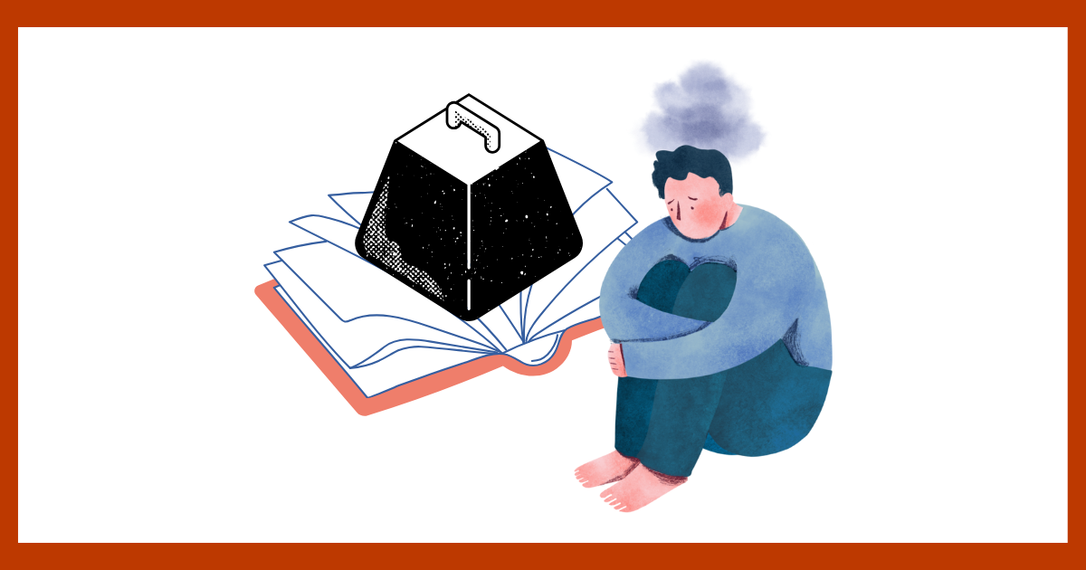 本の上に大きな重りが載っており、その横で暗い表情をして膝を抱える人のイラスト