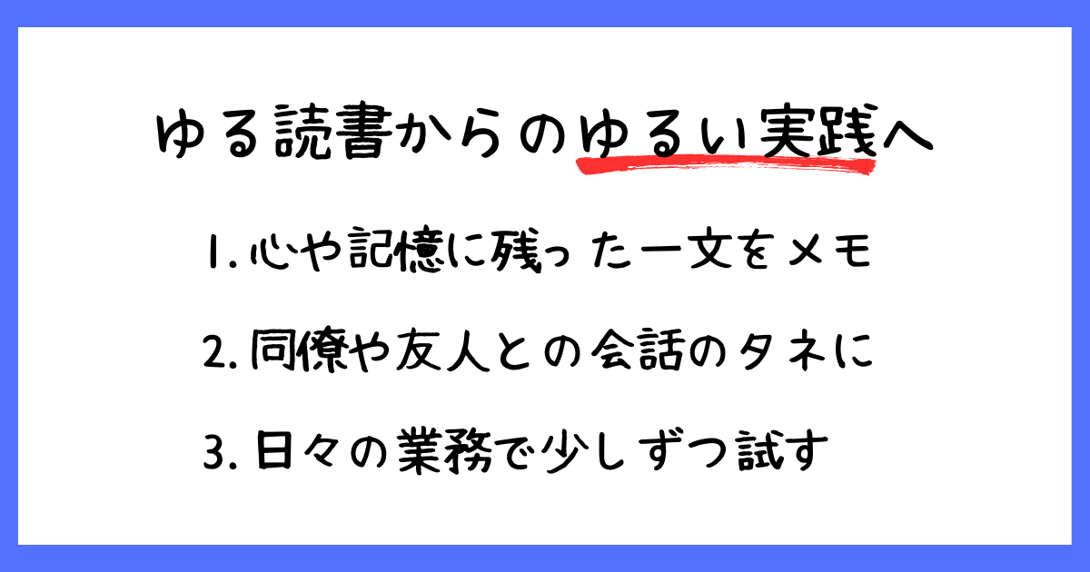 「ゆる読書からのゆるい実践へ」として、1.心や記憶に残った一文をメモ、2.同僚や友人との会話のタネに、3.日々の業務で少しずつ試す、という3つのアウトプット手法が書かれたリスト画像。