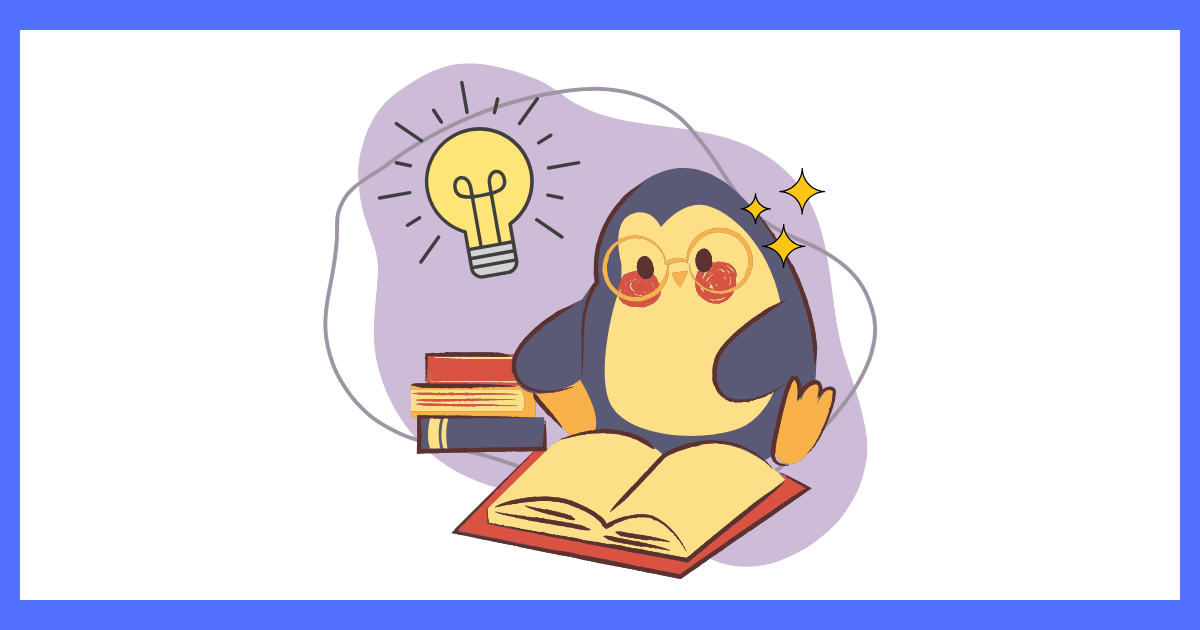 メガネをかけて楽しそうに本を読んでいるペンギンのイラスト。隣には電球のアイコンが描かれており、読書から新しいひらめきを得ている様子を表現している。
