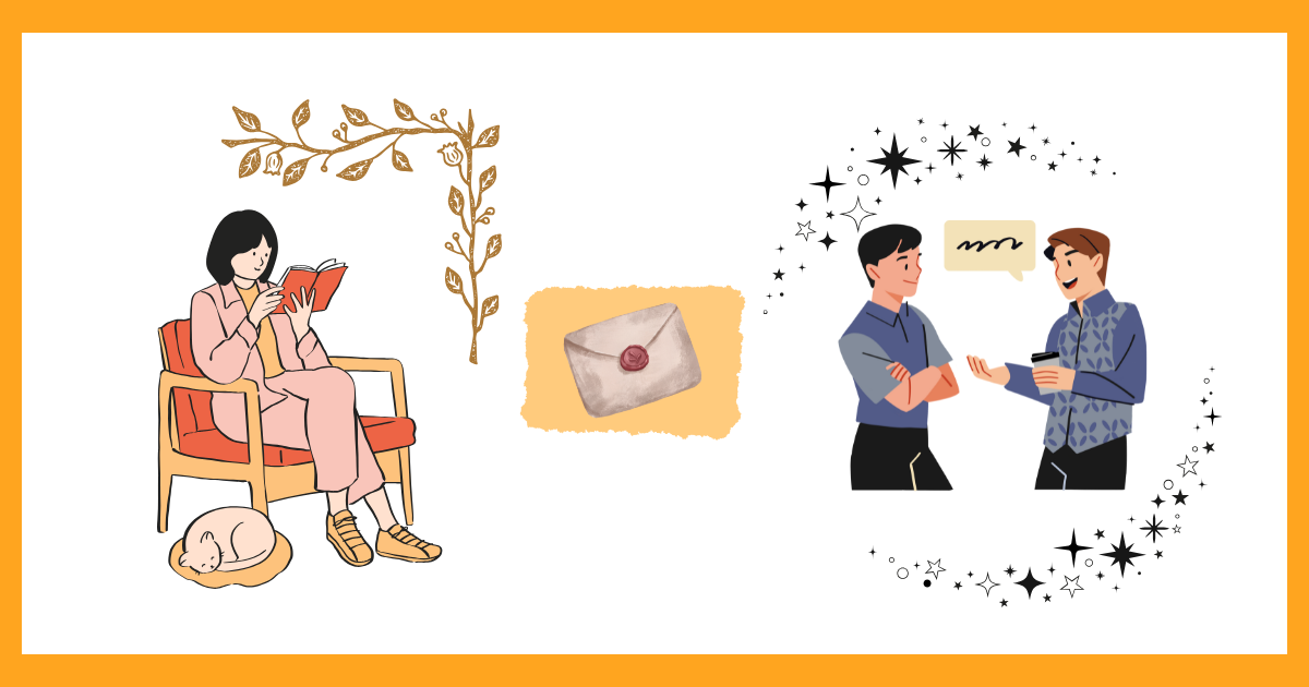 同窓会の案内状を挟んで、左側に一人で読書をしてリラックスする女性、右側に楽しそうに会話する二人の男性が描かれたイラスト。行くか行かないかの選択を象徴するイメージ。