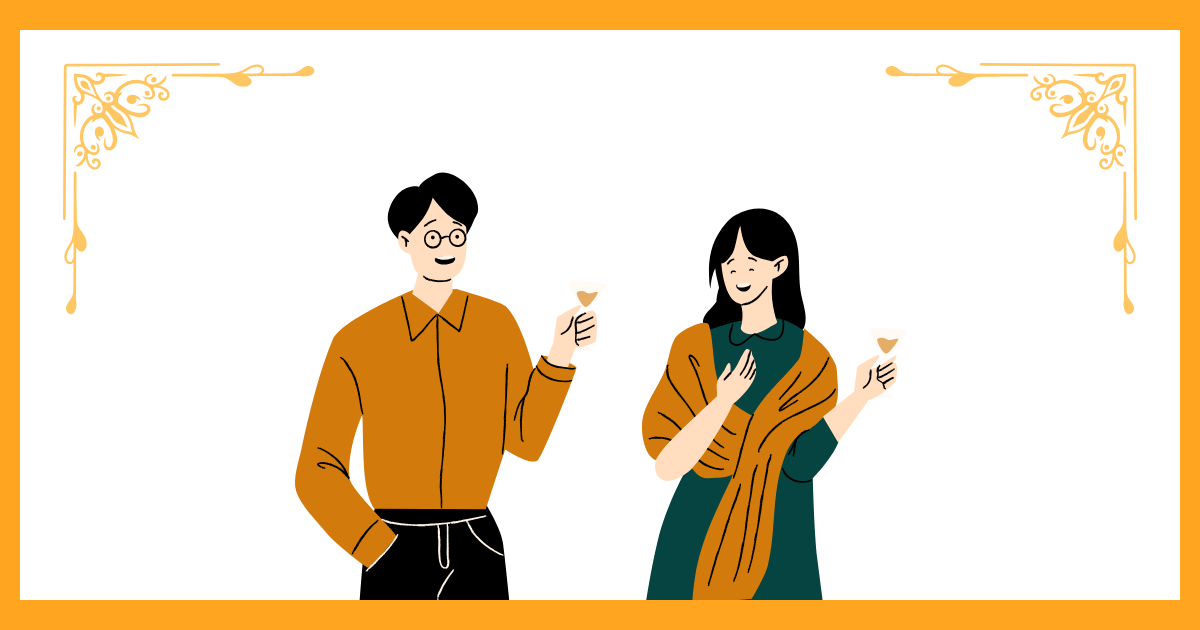 同窓会の結びを象徴する、穏やかな表情で飲み物を手に持つ男女のイラスト。完璧を求めず、今の自分のまま誰かと穏やかな時間を共有するイメージ。