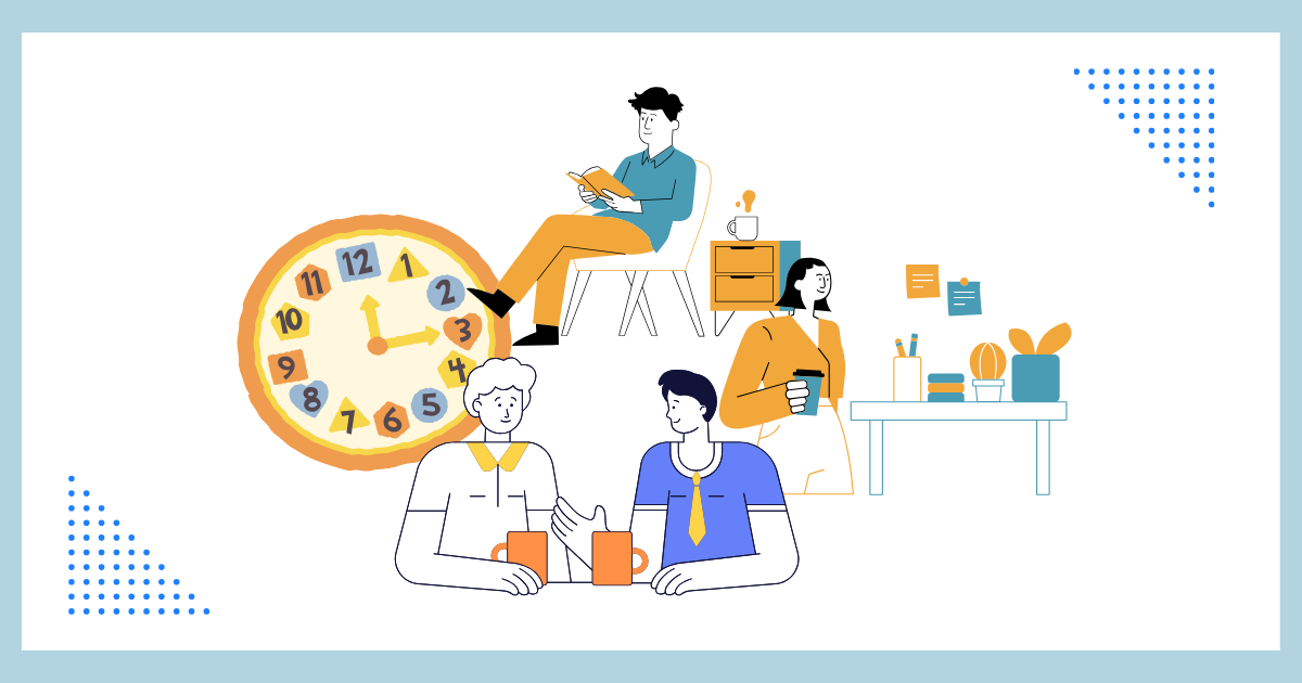 大きな時計の周囲で、読書や会話、コーヒーを楽しみながら思い思いの時間を過ごす人々。自ら時間をデザインし、豊かな余白を楽しむ新しい習慣を表現したイラスト。