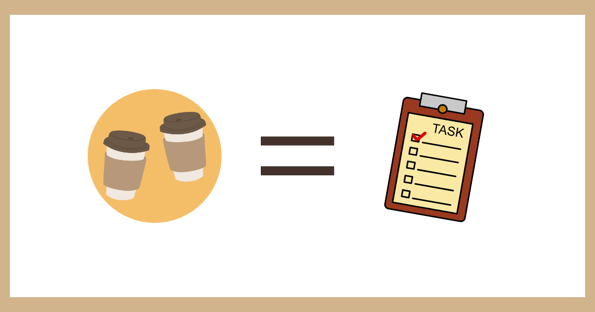 コーヒーのイラストと、チェックの入ったTASK（タスク）リストがイコール記号で結ばれた図解。「休息も重要な仕事の一部である」という戦略的休憩の概念を表現している。