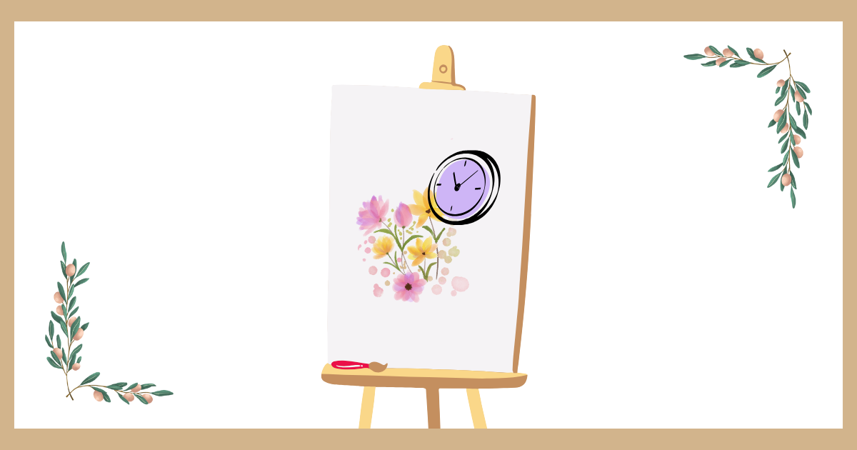 イーゼルに置かれた真っ白なキャンバスに、色鮮やかな花々と時計が描かれているイラスト。人生というキャンバスを自分らしく彩り、時間をデザインする「余白」の重要性を象徴している。