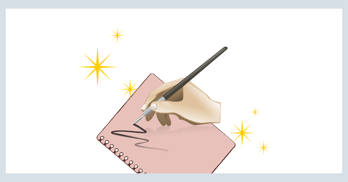 万年筆を使ってノートに文字を綴る手元のイラスト。キラキラした光の装飾が、書く時間の楽しさを表現している