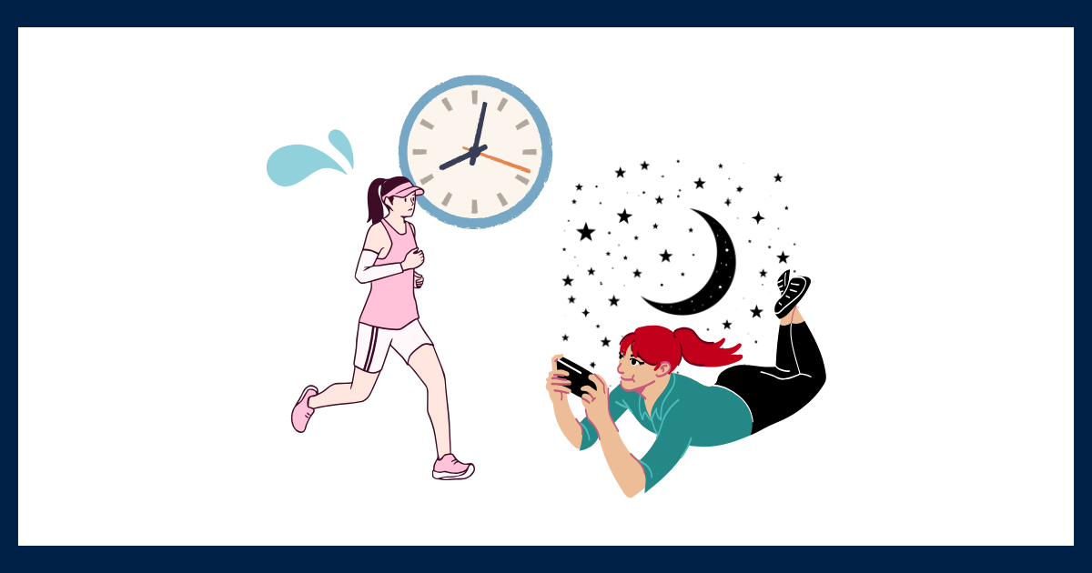 昼間に時計を背にして必死に走る女性と、夜に寝転んでスマートフォンを眺める女性の対比イラスト。日中の忙しさの反動で夜更かしをしてしまう様子を表現している。