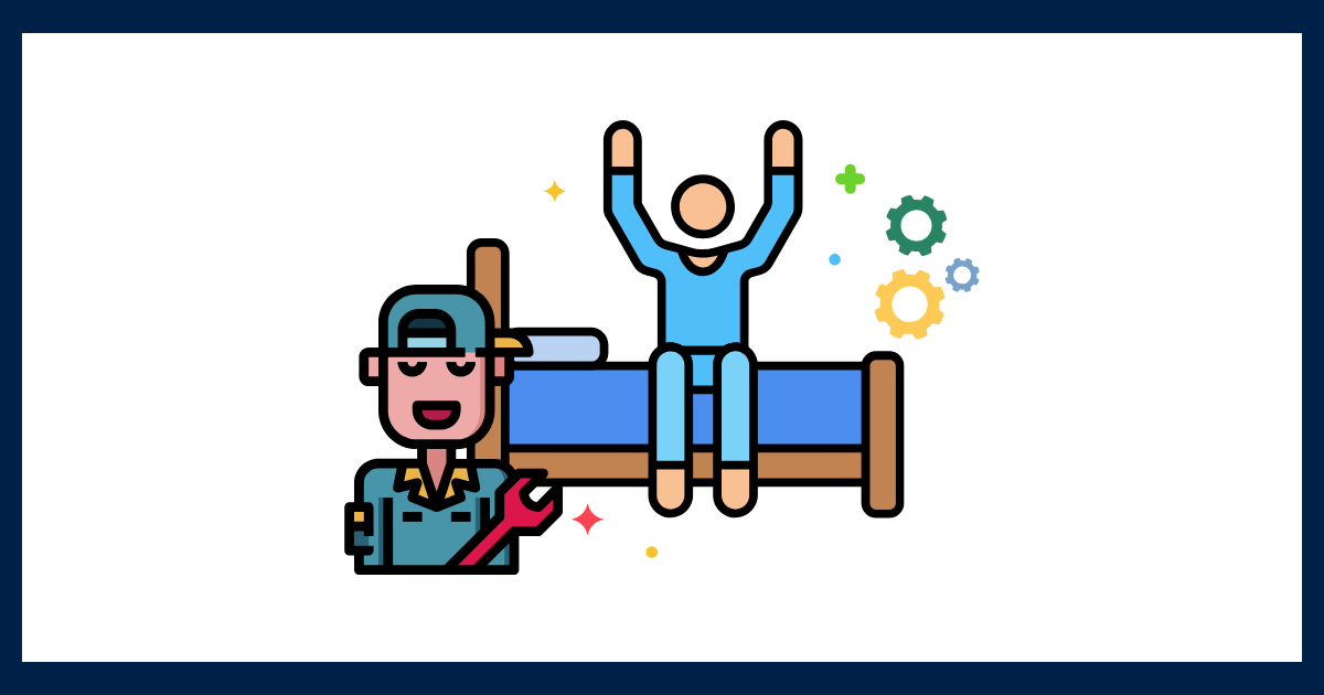 笑顔の整備士と、ベッドの上で元気よく両手を広げる人のイラスト。休息を「自分を整える技術」として捉え、仕組みによって活力ある暮らしを取り戻すイメージを表現している。