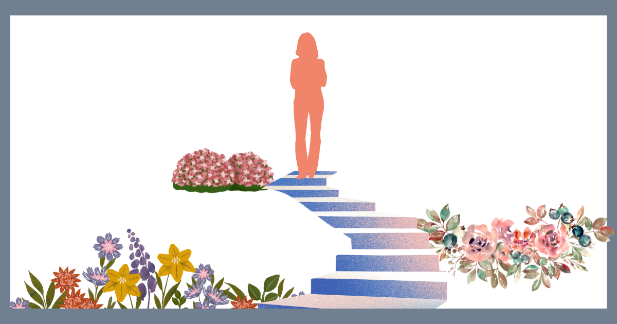 色とりどりの花に囲まれた階段を、一歩ずつ自分の足で登っていく人のシルエット。日々の小さな「実験」や工夫が、日常に彩りを与え、確かな歩みへとつながっていく様子を表現したイラスト。