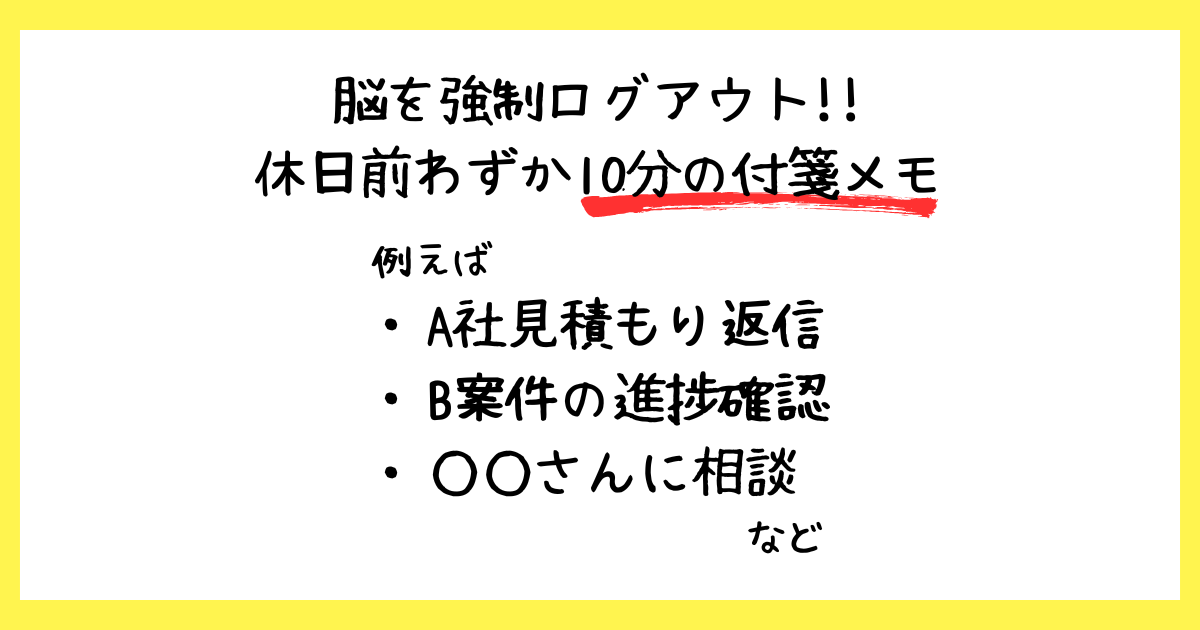 脳を強制ログアウトさせるための、休日前の10分付箋メモの具体例。A社見積もり返信、B案件の進捗確認、◯◯さんに相談、といった箇条書きのリストが示された図解。