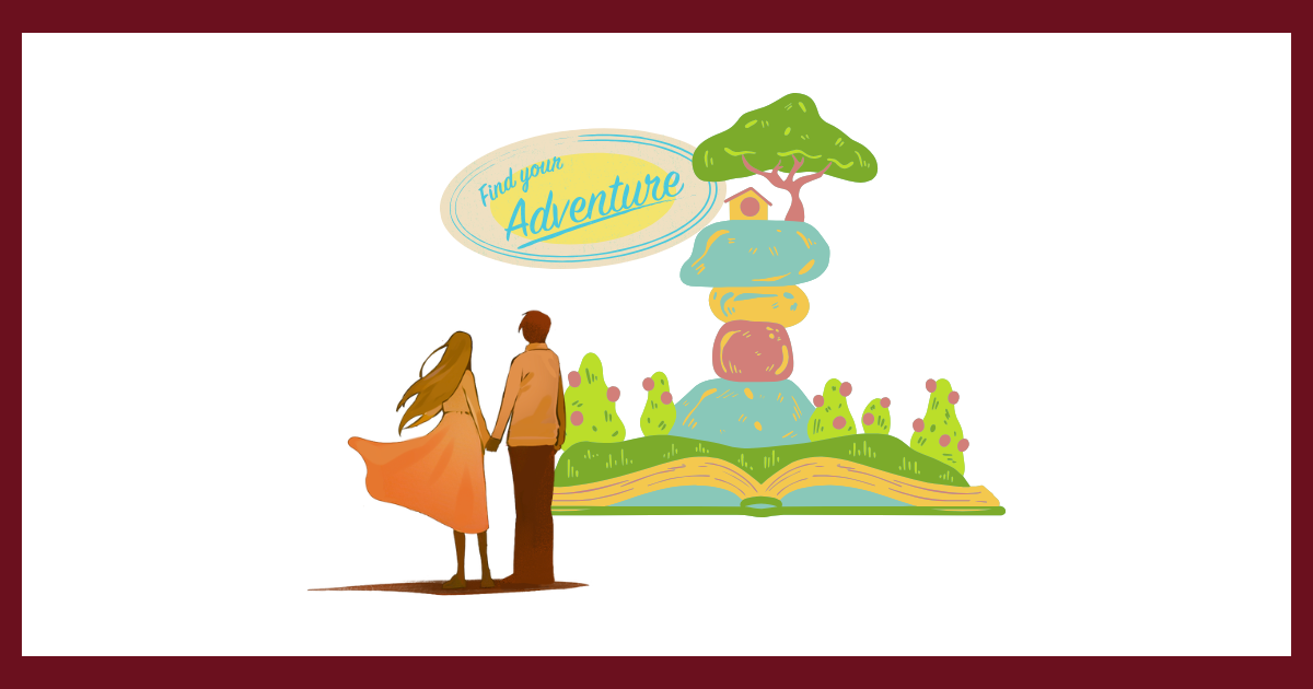 開いた本から豊かな自然の風景が広がるイラスト。「Find your Adventure（あなたの冒険を見つけよう）」という文字と、それを見つめる男女。洋書読書を冒険として楽しむイメージ。