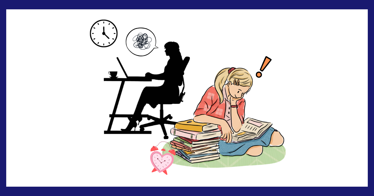 仕事のストレスと、学びによるリフレッシュを対比したイラスト。左側は、時計の下でデスクワークに追われ混乱する黒いシルエット。右側は、ハート型の時計に見守られ、カラフルな本に囲まれてリラックスして学び、新しい気づきを得ている女性のイラスト。