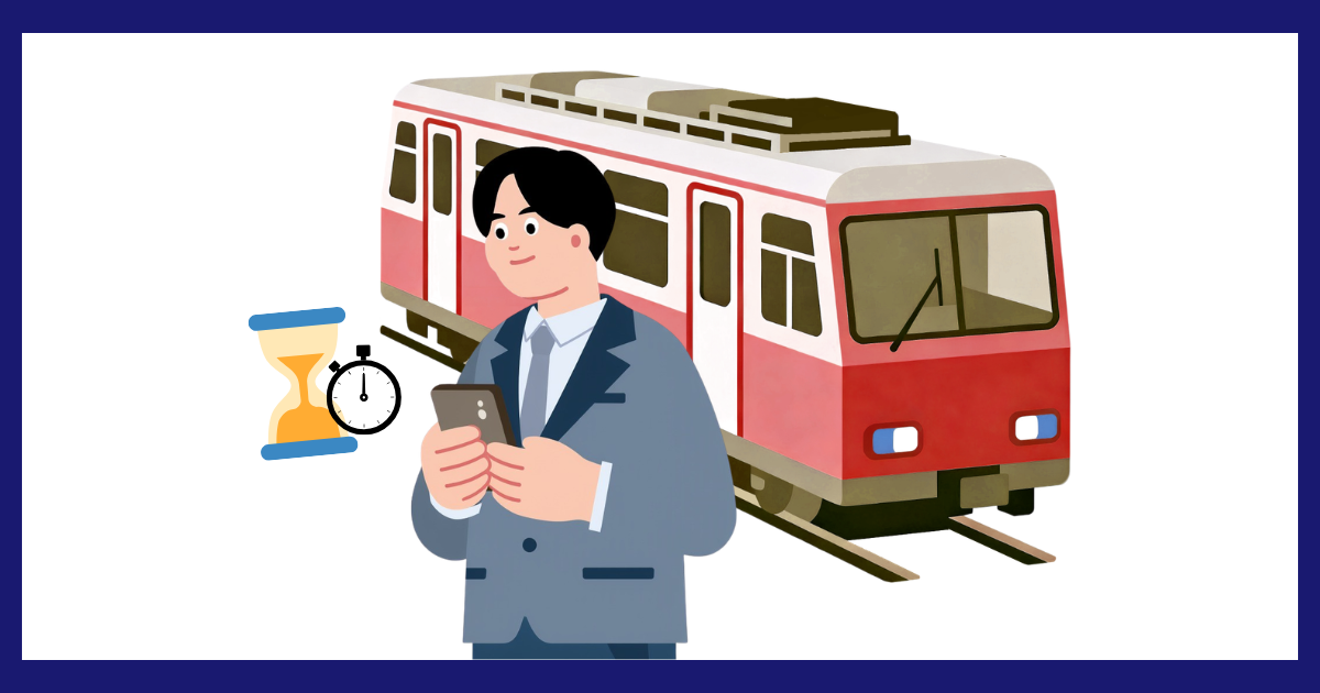 電車の前でスマートフォンを操作するビジネスパーソンの男性と、砂時計・ストップウォッチのアイコン。通勤や移動などの隙間時間を活用して、効率的に学びの時間を作る様子を表現したイラスト。