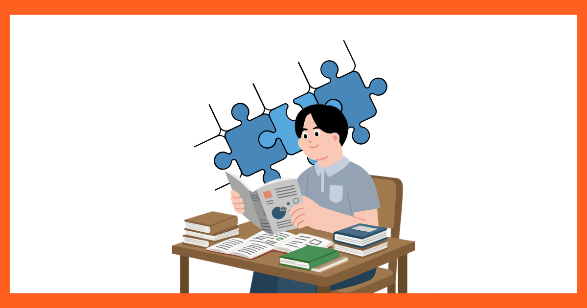 資格学習のテキストをデスクに広げ、満足げに読書する人物。その背後では、複数の青いパズルピースが体系的に、かつ隙間なく組み合わさっている。バラバラだった知識が学習によって整理され、体系化された状態を表現したイラスト。