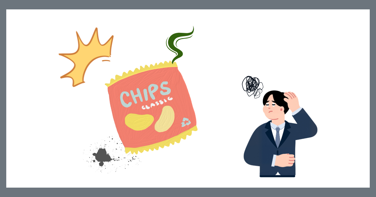 オフィスでの間食リスクを表現したイラスト。大きなスナック菓子の袋から、騒音、強い匂い、食べこぼしの汚れが発生し、ビジネスパーソンが困惑している様子。