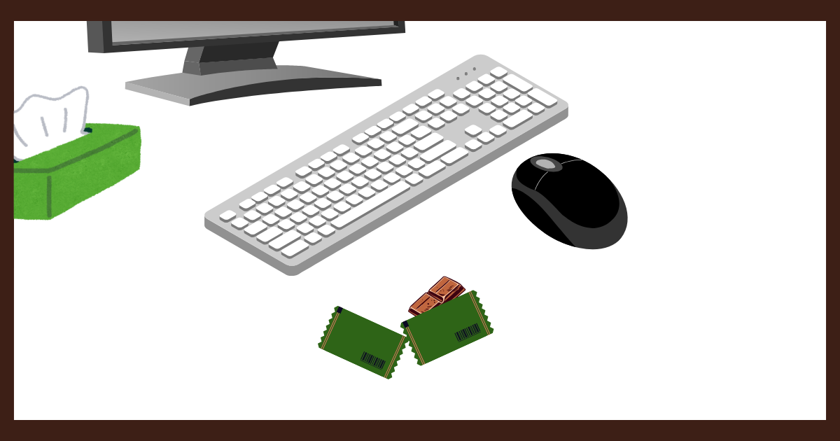 デスク上のキーボードとマウスの手前に置かれた、個包装のチョコレート効果72％のイラスト。指を汚さず仕事中に食べられるスマートな間食のイメージ。