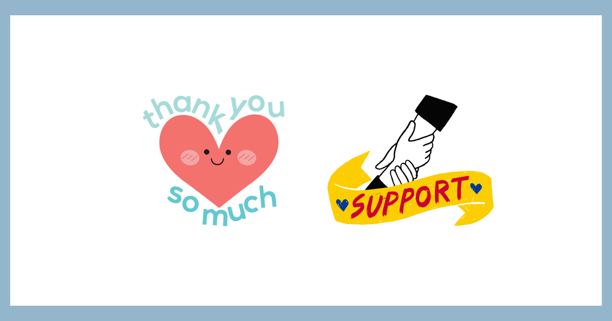 「thank you so much」と書かれた笑顔のハートと、手を取り合う「SUPPORT」のリボンのアイコン。「返報性の原理」に基づき、職場で過剰になりすぎない程度の感謝とサポートを交換し、円滑な人間関係を築くイメージを表現している。