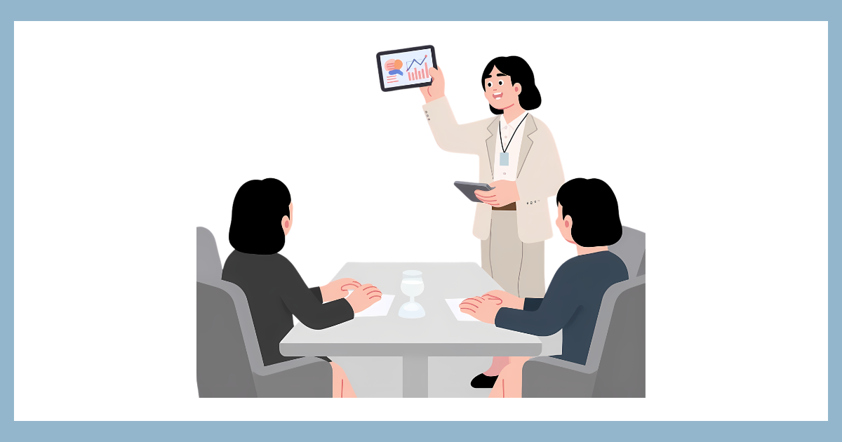 会議室でタブレットを使い、自分の意見や資料を堂々と提示するビジネスパーソンのイラスト。周囲との適切な距離感(心の境界線)を保つことで、自分自身の軸をしっかり持ち、プロフェッショナルとして健やかに働く理想的な姿を表現している。