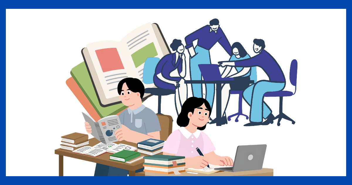 手前で熱心に勉強する人々と、その背景で笑顔で協力し合うチームの様子を描いたイラスト。メンタルヘルスの学びが健全なチーム運営につながることを表現しています。