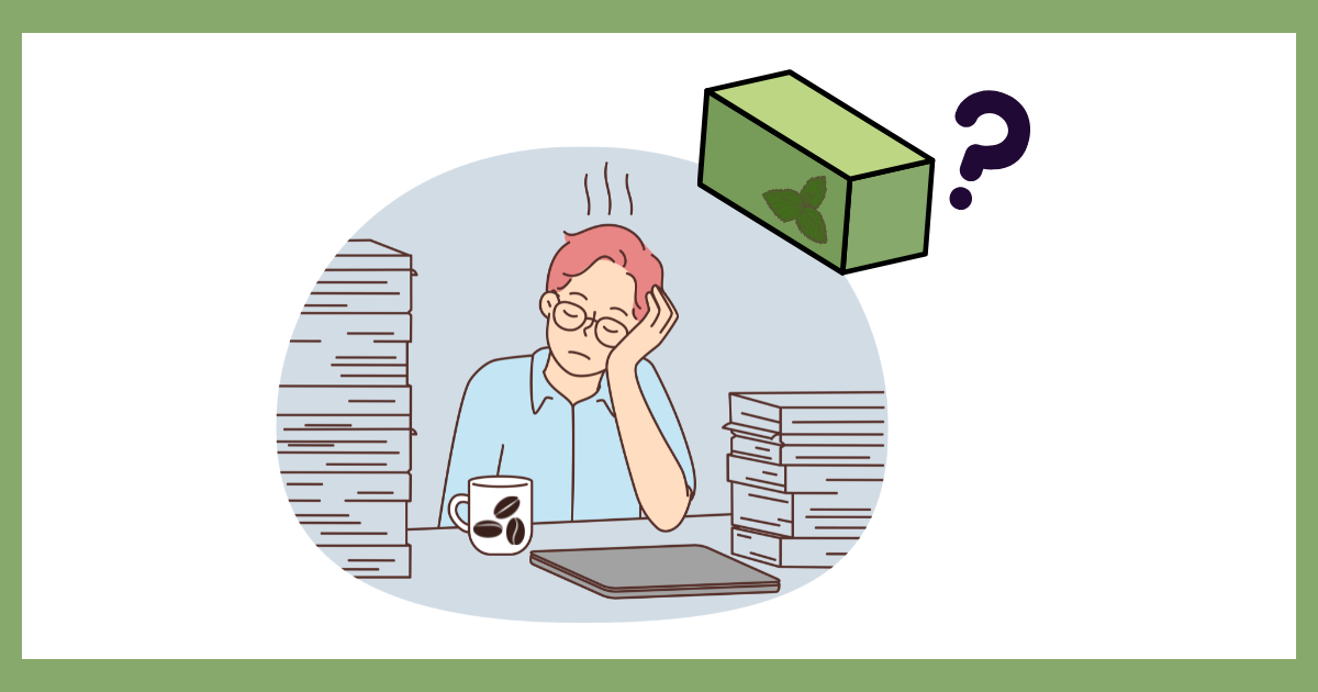 仕事に行き詰まりを感じているデスクワーカーと、その傍らに疑問符とともに浮かぶペパーミントティーの箱。コーヒーのマンネリを打破しようとする葛藤を表現したイラスト。