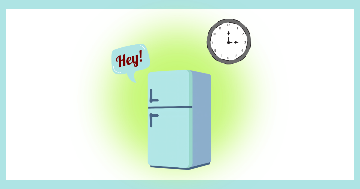 3時（15時）を指す時計と、呼びかけるような吹き出しがついた冷蔵庫のイラスト。集中力が切れる時間帯に、冷凍庫のアイスでリフレッシュすることを促すイメージ画像。