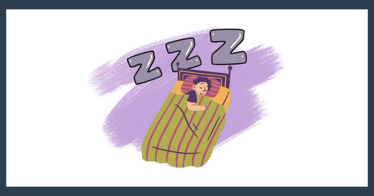 ベッドの布団の中で穏やかな表情で眠る人と、大きく描かれたZZZの文字のイラスト