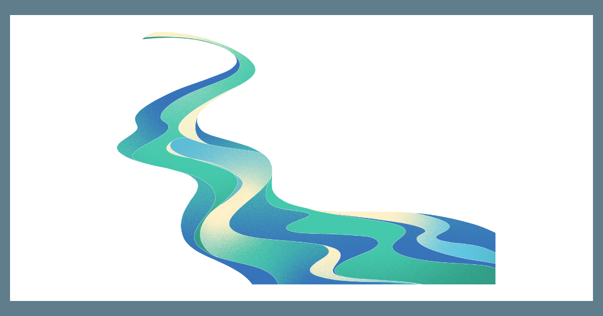 青や緑のグラデーションで描かれた、うねりながら流れる水の抽象的なイラスト。流れるプールのイメージ。