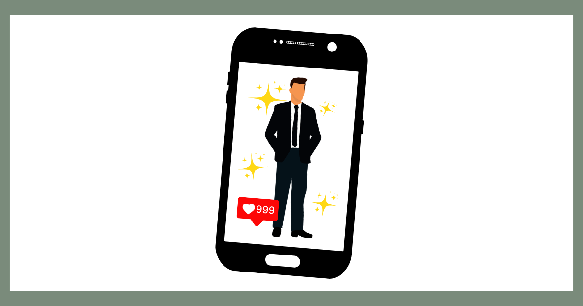 スマートフォン画面のイラスト。画面中央にスーツを着た男性が立ち、周囲にはキラキラとした光の粒子が舞っている。男性の左下には、赤いハートマークと「999」と書かれた通知が表示されており、SNS上の成功や承認を象徴している。