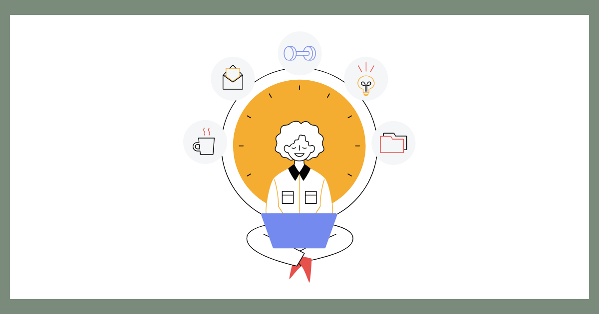 穏やかな表情でノートパソコンを抱えた人物のイラスト。人物の後ろには大きな時計の文字盤があり、その周囲にメール、ダンベル、電球、ファイルのアイコンが整然と並び、日々のルーティンワークを継続する「いつも通り」の生活と、その積み重ねの価値を表現している。