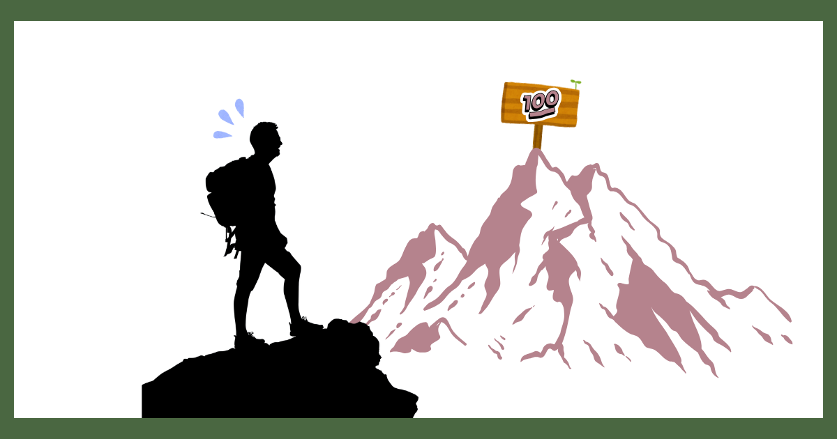 「100」と書かれた看板が立つ険しい山頂を、少し焦った様子で見上げる登山者のシルエットイラスト