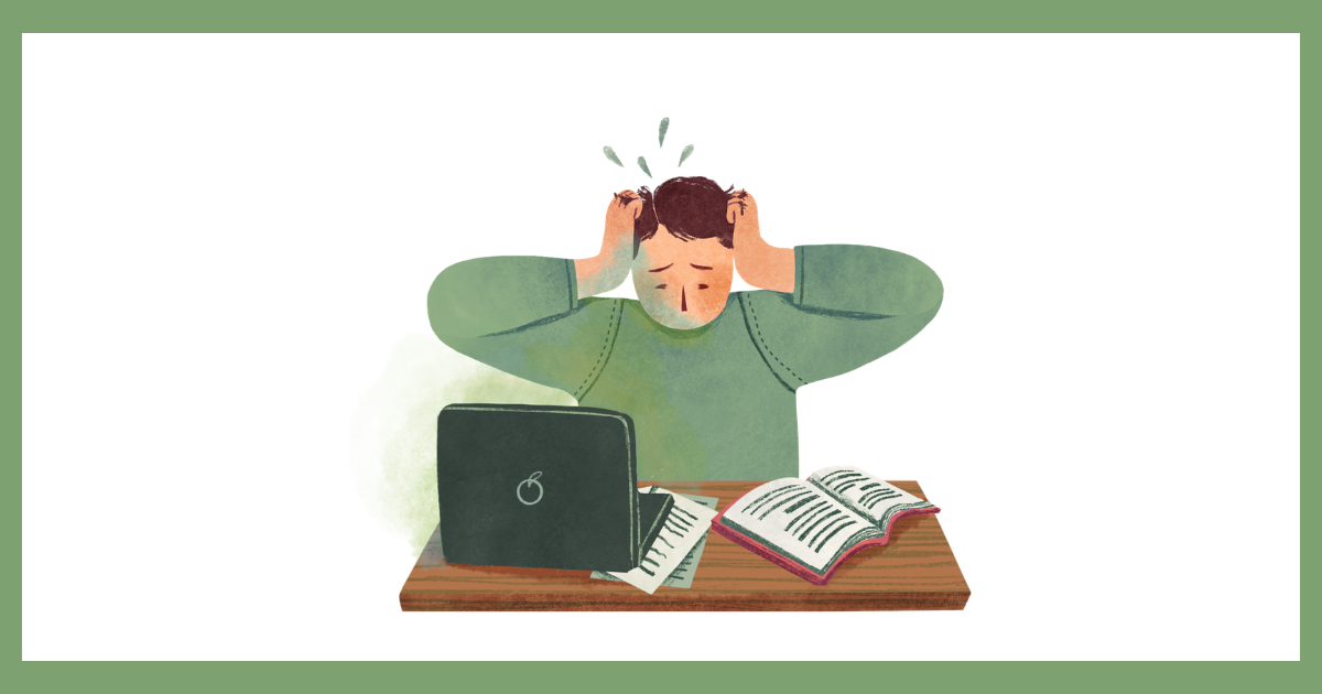 デスクの前で頭を抱え、アイデアが出ずに焦る男性のイラスト。青梅のままの未熟な思考を無理に形にしようとする、煮詰まった状況を表す。