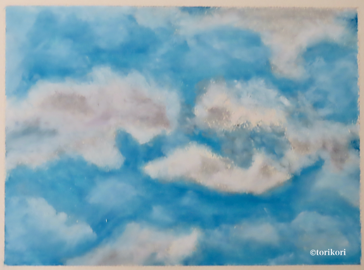 原画：B6サイズ】流れる茜雲オイルパステル画