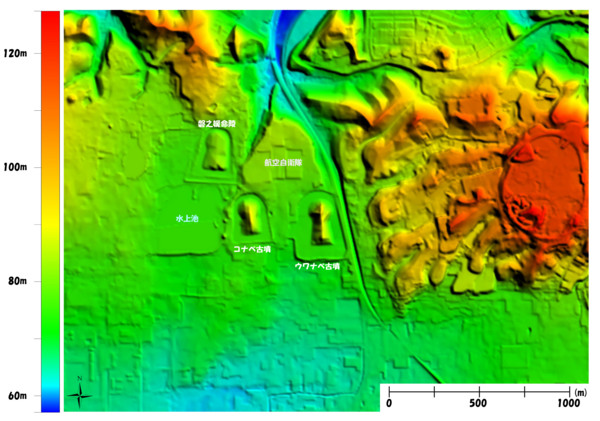 奈良市「コナベ古墳」周辺。基盤地図情報5mメッシュ（標高）を使用
