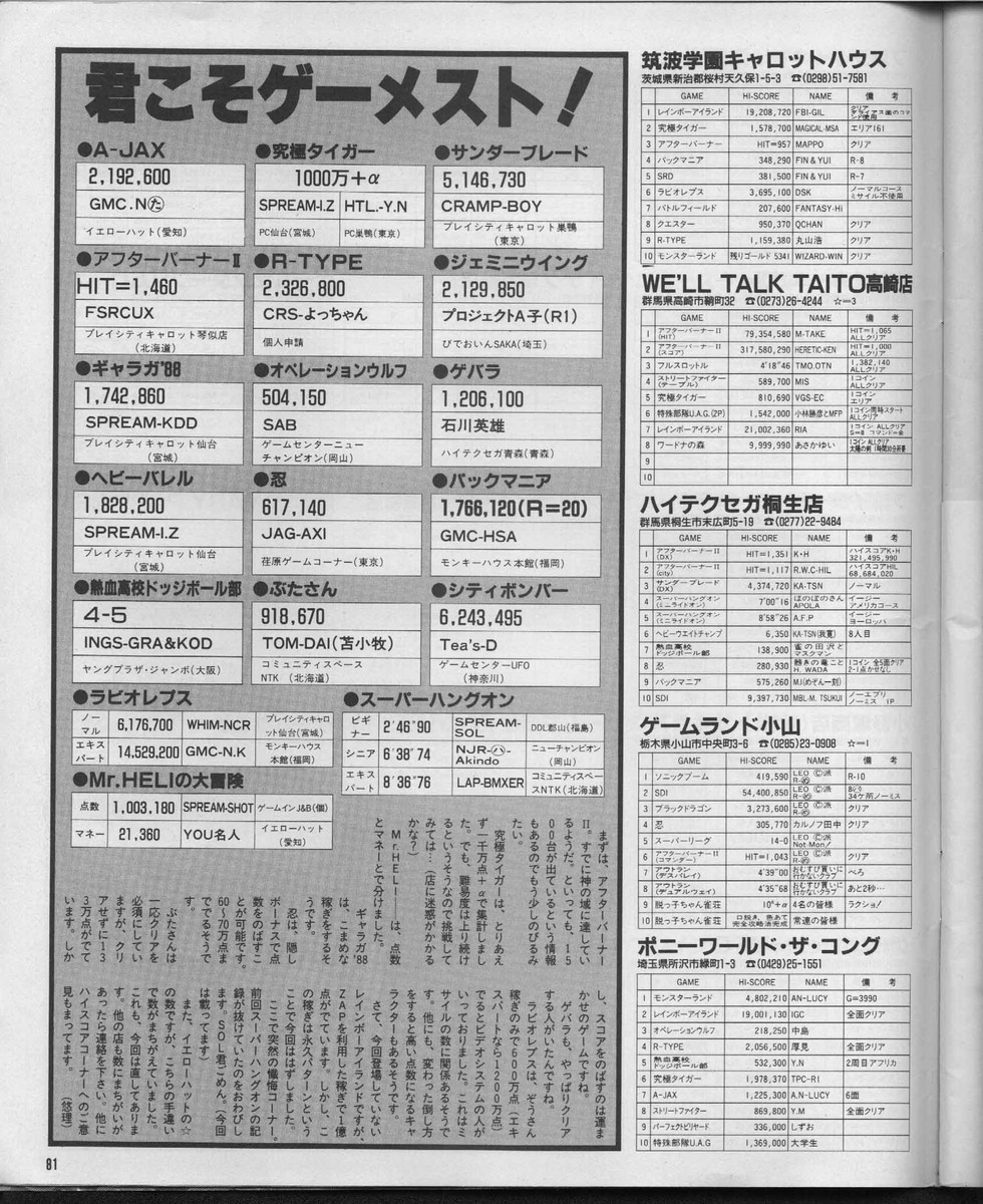 ゲーメスト全一16 ：1988年3月号 - ゲームとハイスコアと