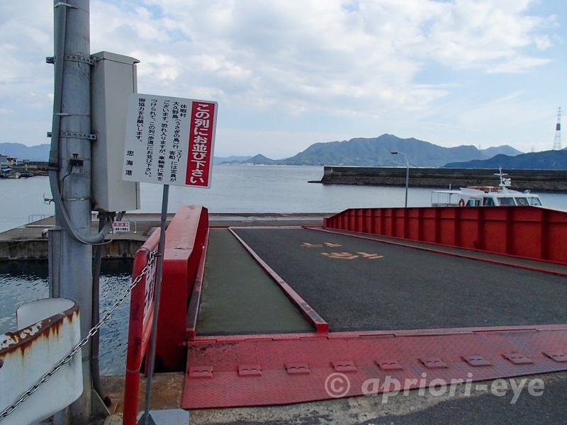 忠海港から大久野島へ向かうフェリーの乗船客が並ぶ位置の案内