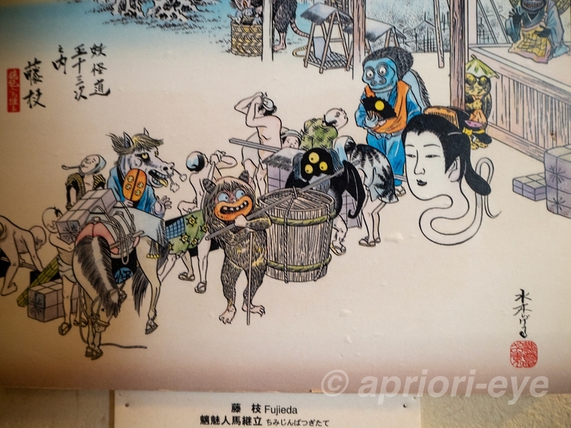 鬼太郎妖怪館に展示されている浮世絵風の「妖怪同五十三次 藤枝」の絵