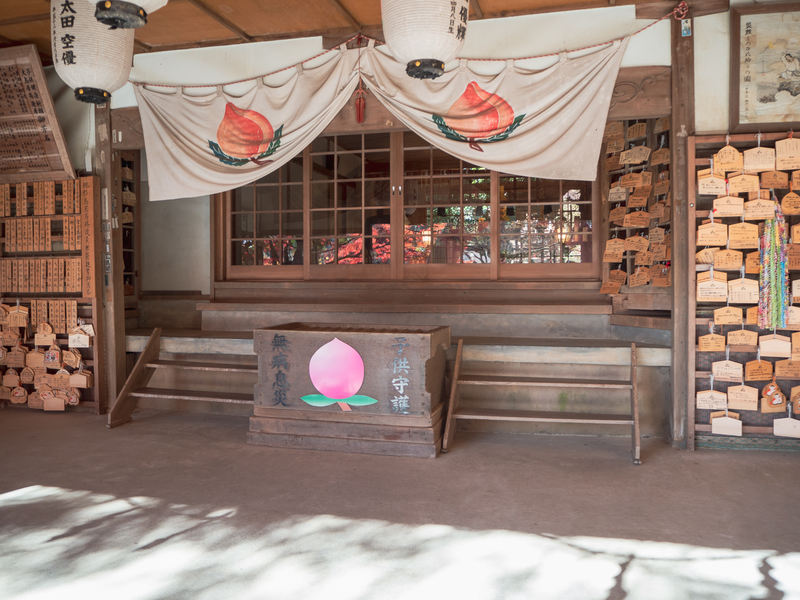 犬山市にある桃太郎神社の本殿。桃が描かれた賽銭箱が設置されている
