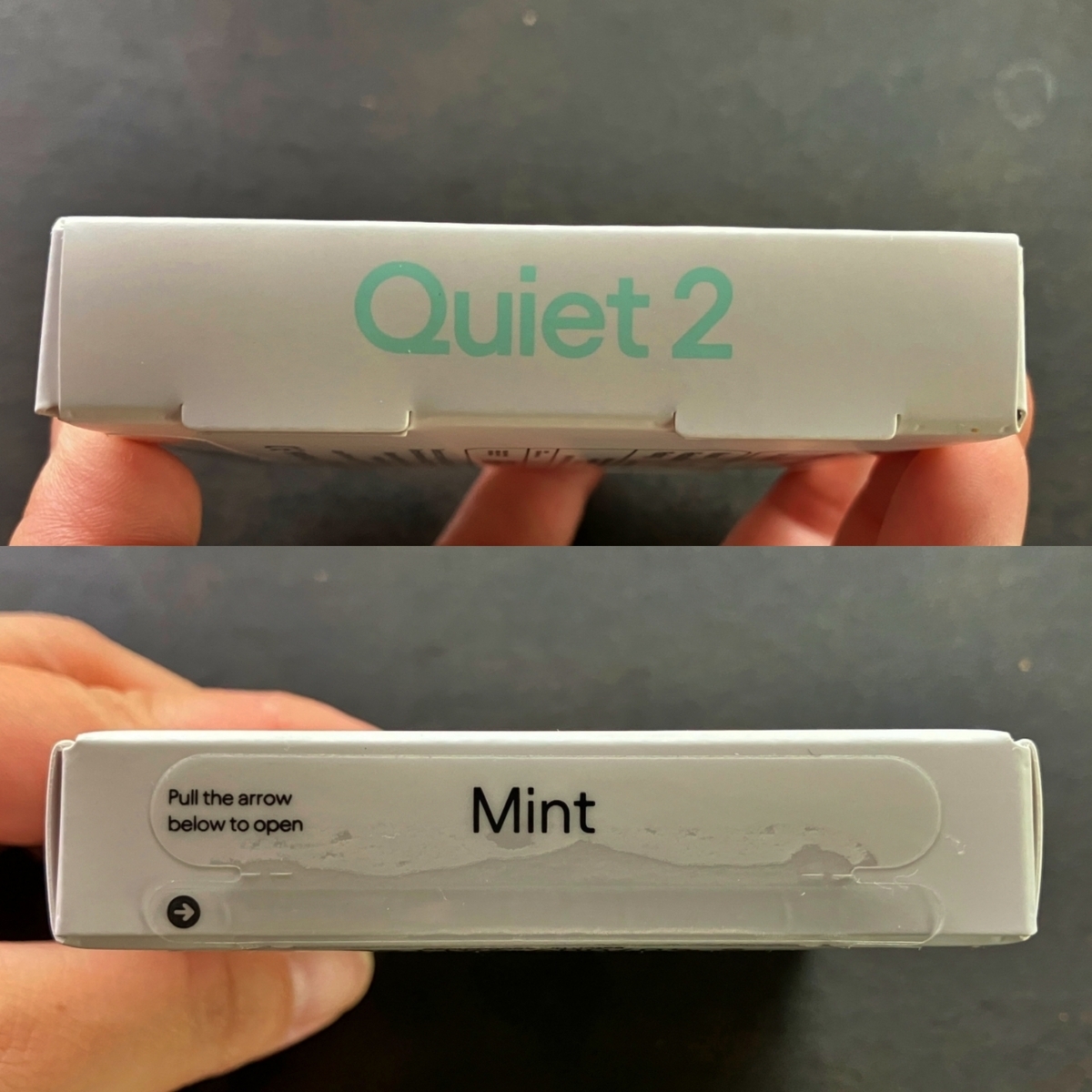 商品名「Queit2」と「Mint」の文字が印字されたパッケージサイド