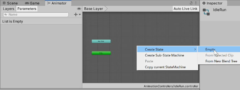 AnimatorタブのCreateState>EmptyでStateを作成 AnimatorタブのCreateState>EmptyでStateを作成