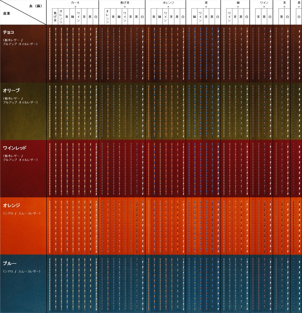 ステッチ色見本(革:ブルガロコニャック) ステッチ色見本(革:ブルガロコニャック) Lo Stivale社製イタリアン