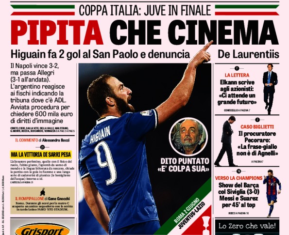 ガゼッタ紙もコッパ・イタリア準決勝翌日に一面で報じている 画像:ガゼッタ紙もコッパ・イタリア準決勝翌日に一面で報じている