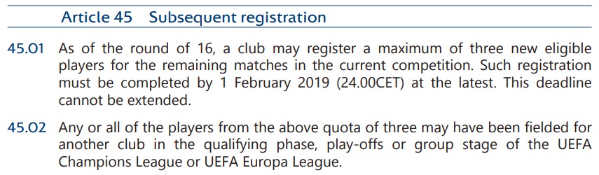 決勝ラウンドでの選手登録規定(UEFA CL, 2018-21) 画像:決勝ラウンドでの選手登録規定(UEFA CL, 2018-21)