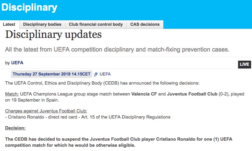 UEFA 規律委員会の裁定 画像:UEFA 規律委員会の裁定