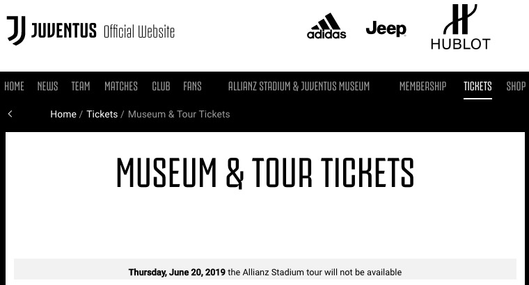 スタジアムツアーの不実施を伝えるユベントス公式サイト 画像:スタジアムツアーの不実施を伝えるユベントス公式サイト