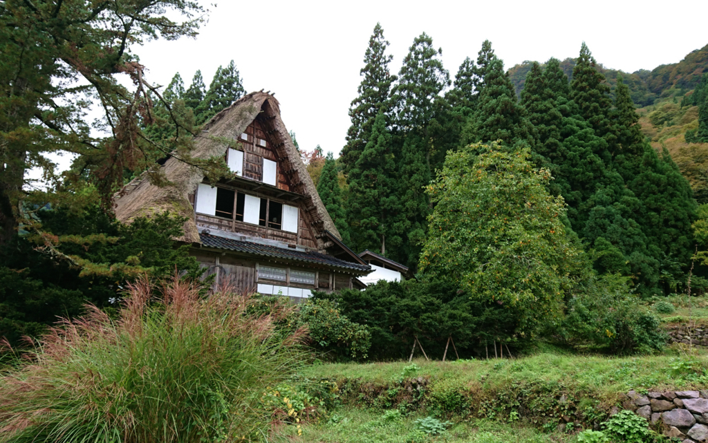 木々に囲まれる合掌造り