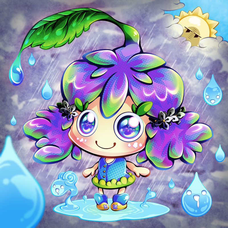 梅雨のイラスト ランシィちゃんと雨粒の仲間たち